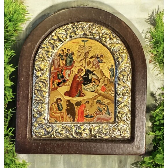 VTG The Nativity Christmas Icon 950 Silver Jesus Wall Stand Small Gift Wood 4”H